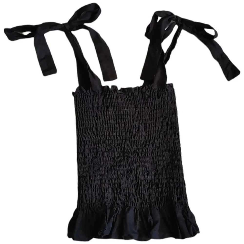 New Kourt Black Flax Smocked Ruffled Crop Top XS